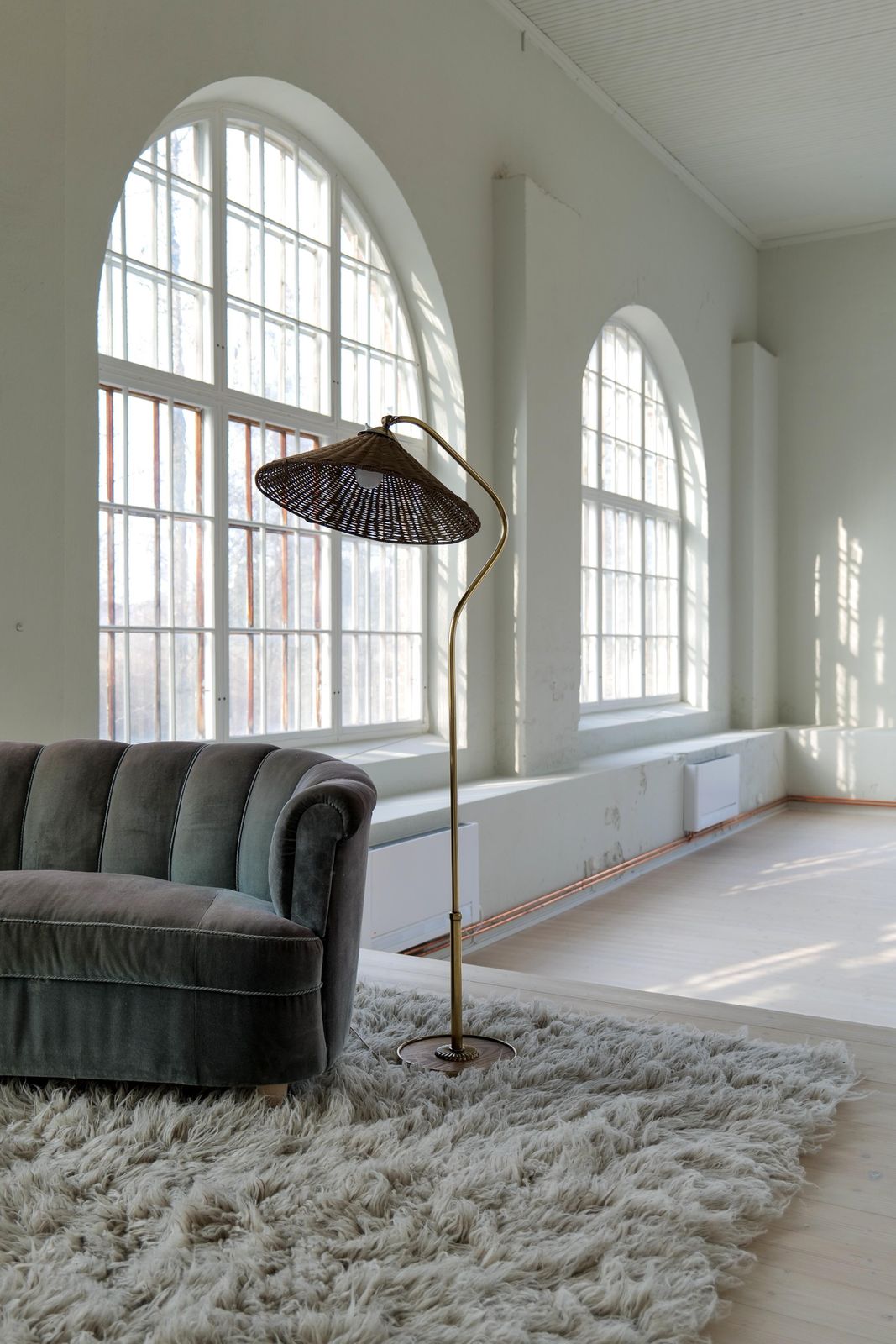 Art Deco Sculptural Brass And Rattan Floor Lamp Sweden 1940s photo furniture