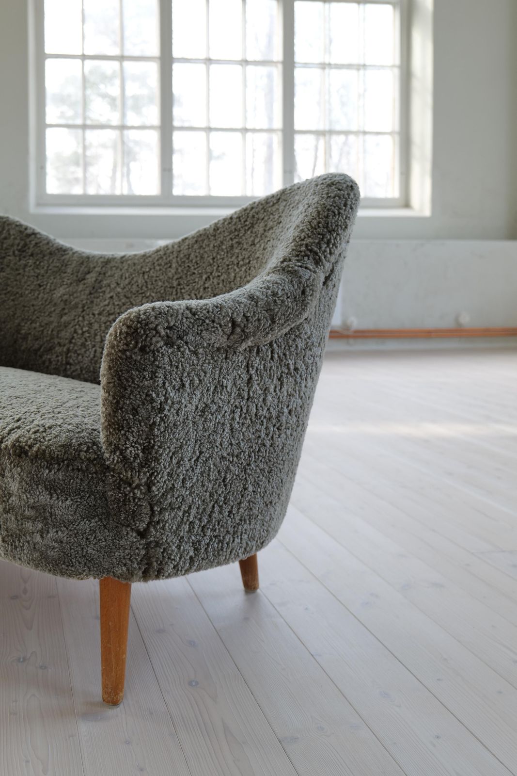 Samspel Sofa By Carl Malmsten, Reupholstered Sheepskin, Sweden, 1956 photo vinterior