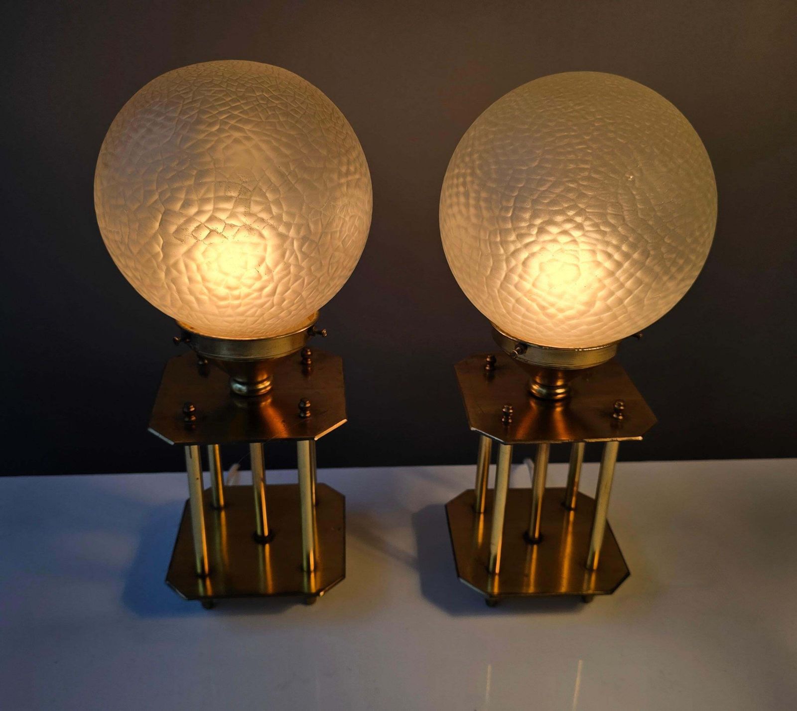 Pair Of 1960s Brass Art Deco Style Table Lamps With Textured Frosted Glass Globe photo vinterior