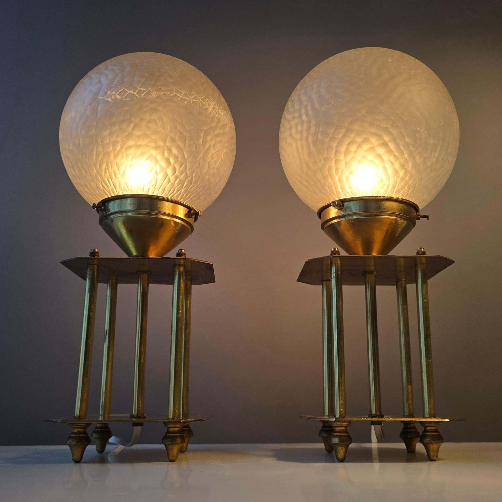 Pair Of 1960s Brass Art Deco Style Table Lamps With Textured Frosted Glass Globe photo buy