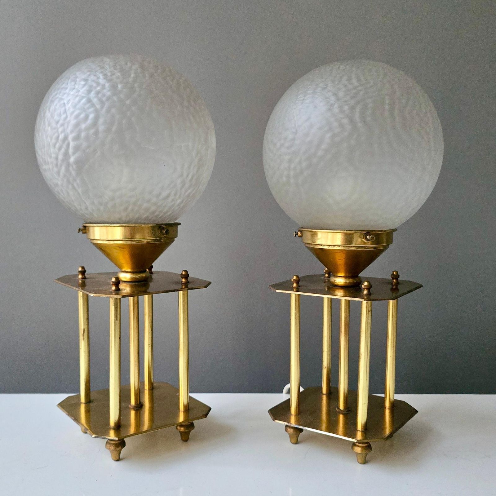 Pair Of 1960s Brass Art Deco Style Table Lamps With Textured Frosted Glass Globe photo vintage
