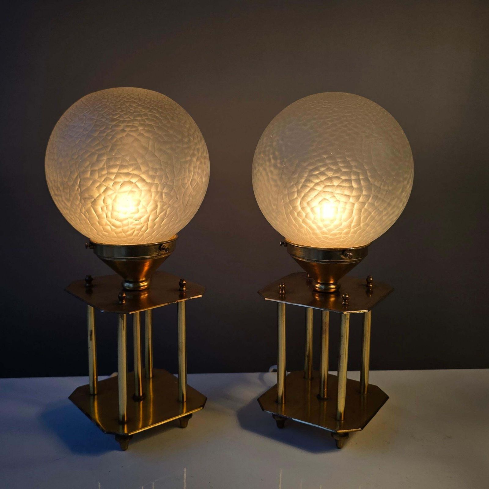 photo furniture Pair Of 1960s Brass Art Deco Style Table Lamps With Textured Frosted Glass Globe