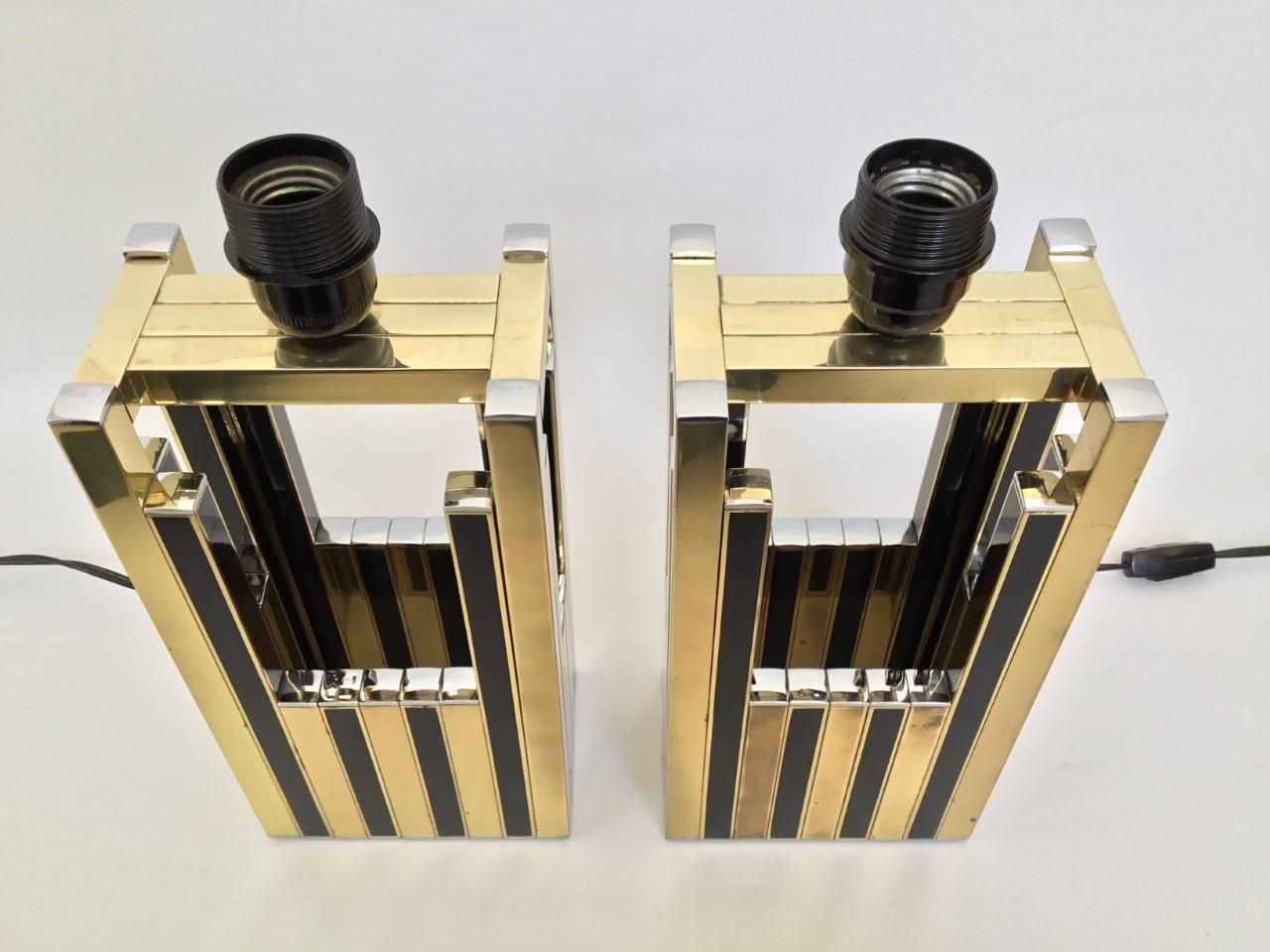 photo for sale Midcentury Gold Brass Black Emanel Pair Of Table Lamps By Bd Lumica, 1970s