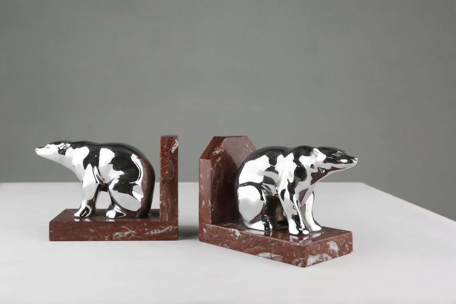 Art Deco Marble And Metal Bear Bookends, France, 1930s, Set Of 2 photo vintage