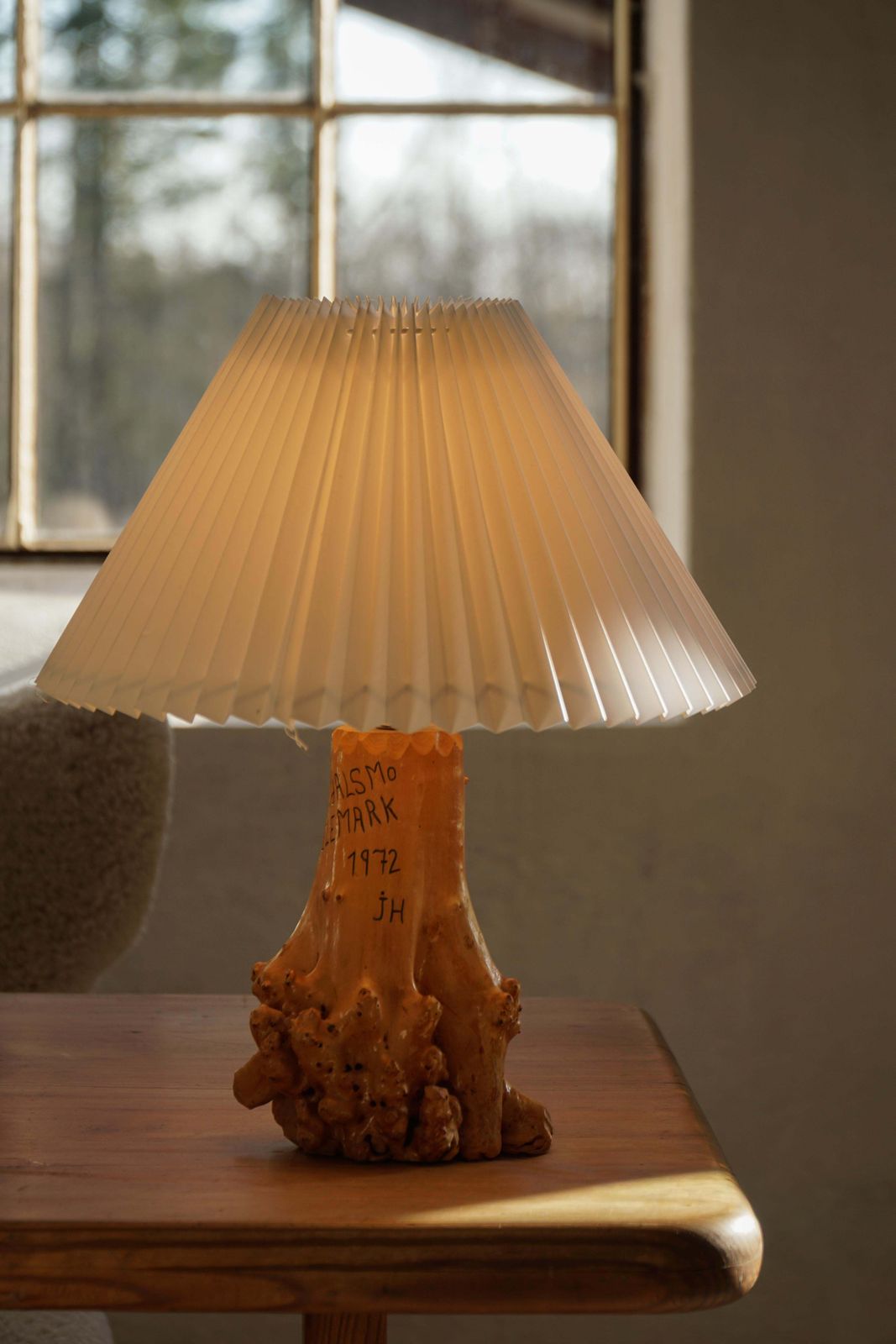 Lighting Scandinavian Modern, Carved Wooden Table Lamp With Engraved Inscription, 1972 photo