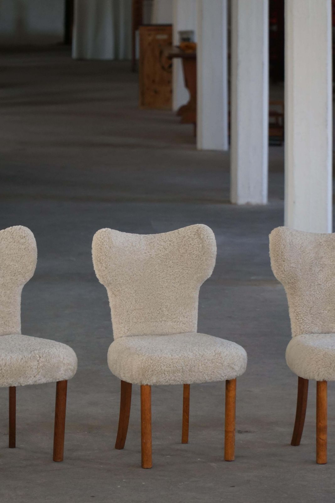 Set Of 4 Danish Modern Dining Chairs In Lambswool & Oak, Viggo Boesen, 1950s photo buy