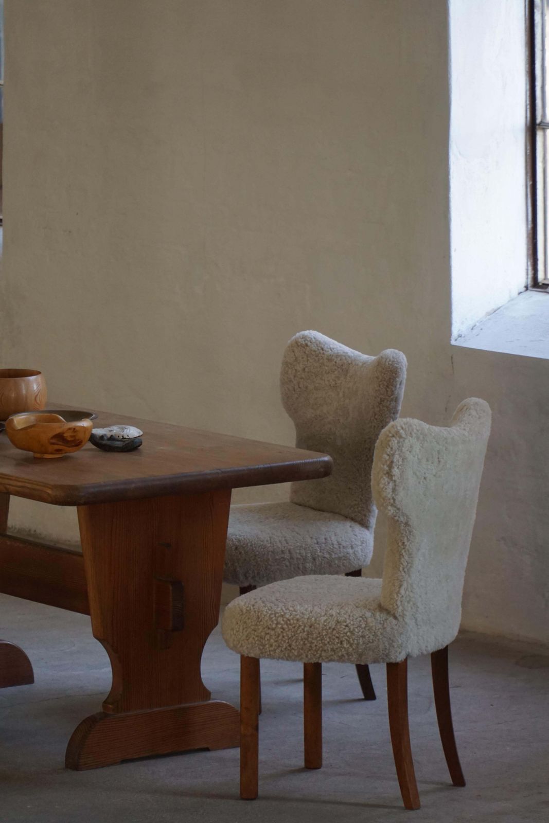 Furniture Set Of 4 Danish Modern Dining Chairs In Lambswool & Oak, Viggo Boesen, 1950s photo
