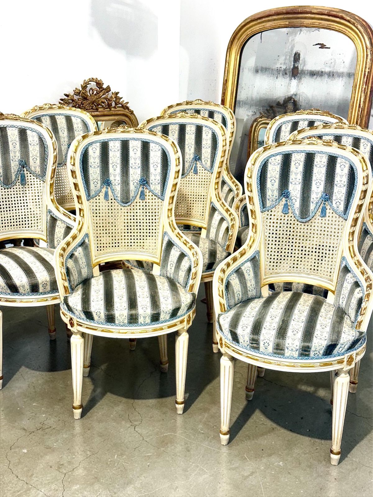 Set Of Eight French Louis XVI Style Painted & Gilt Dining Chairs, Caned Backs photo furniture