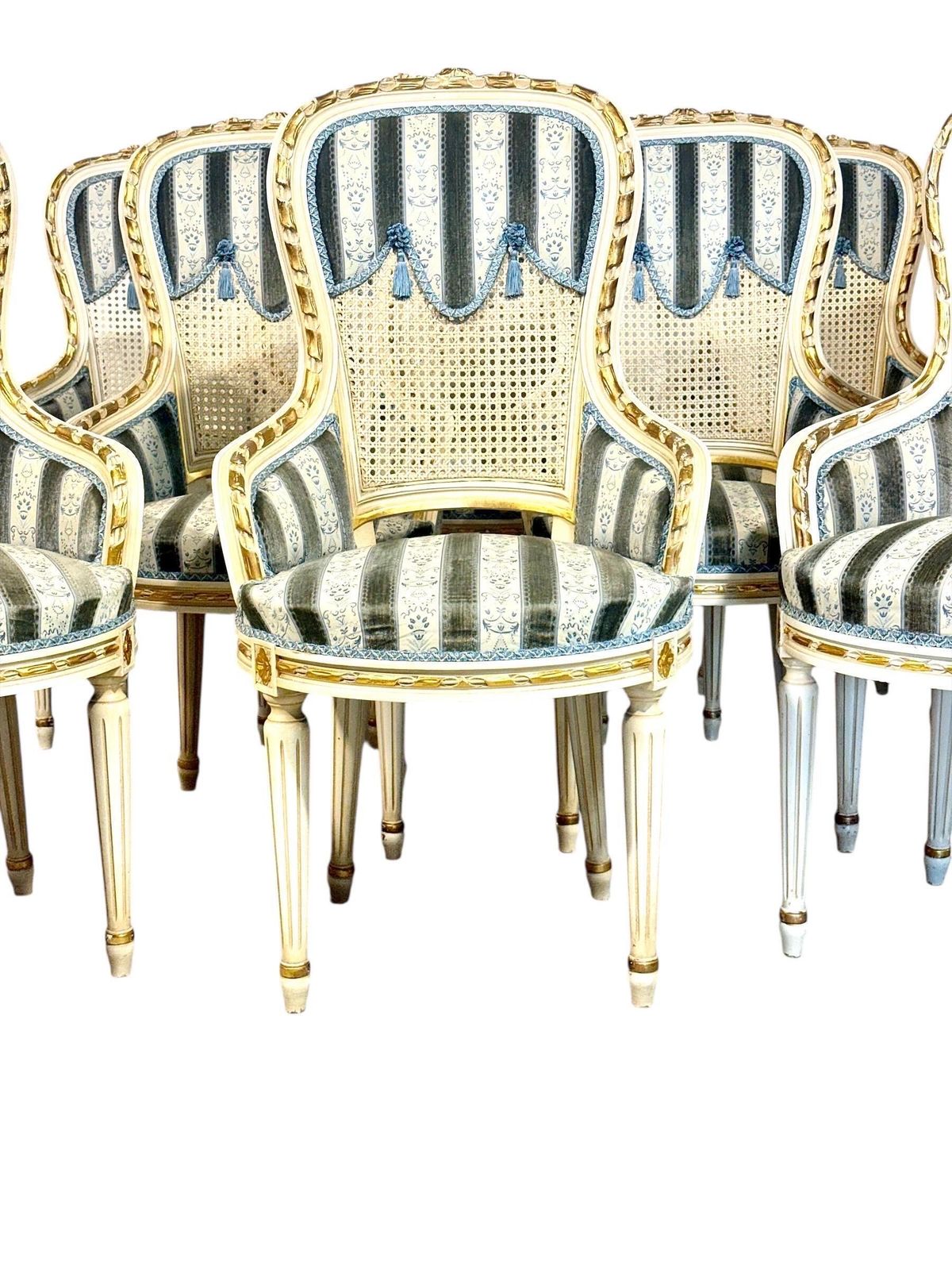 Set Of Eight French Louis XVI Style Painted & Gilt Dining Chairs, Caned Backs photo Furniture