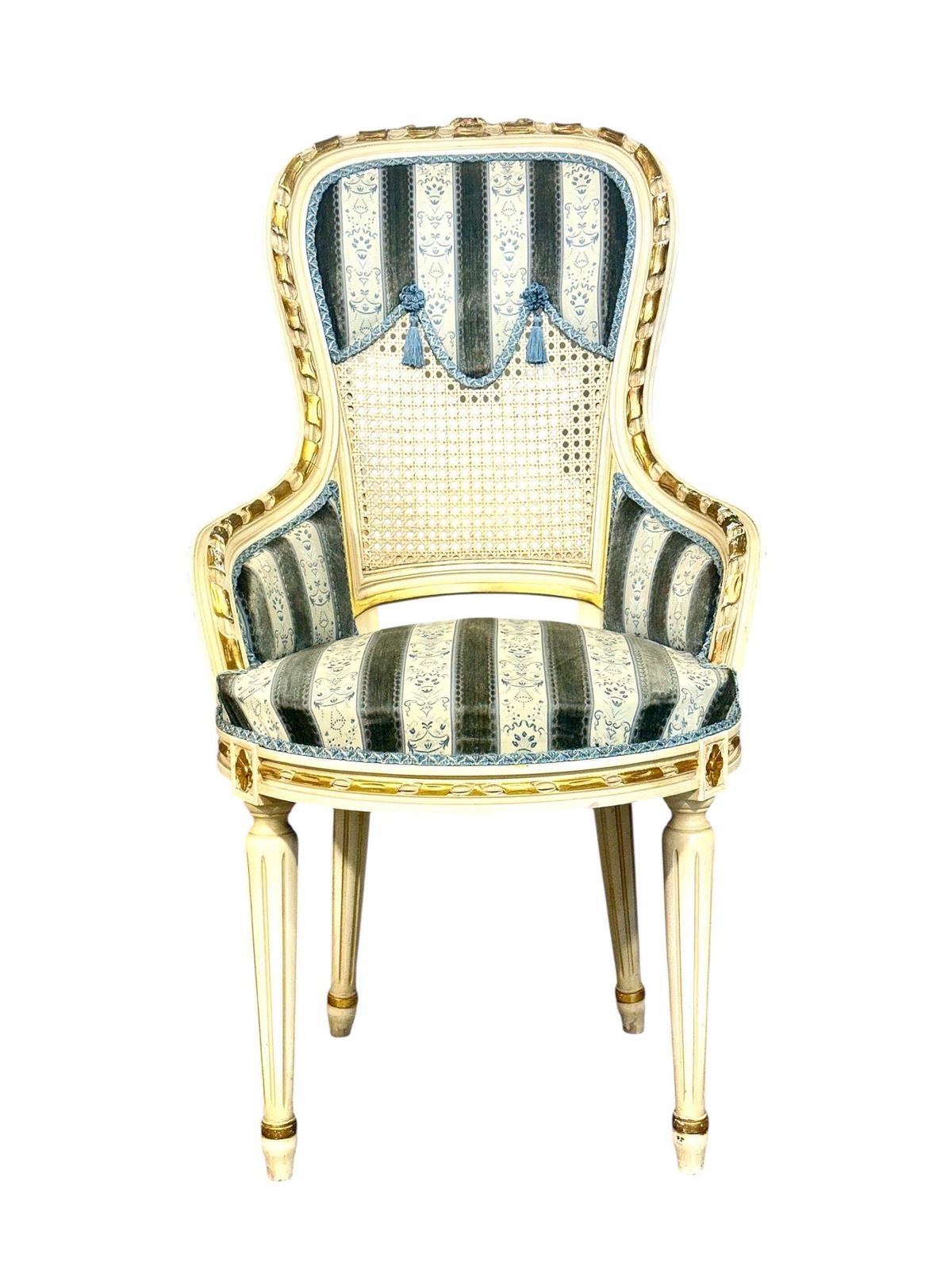 Set Of Eight French Louis XVI Style Painted & Gilt Dining Chairs, Caned Backs photo vinterior