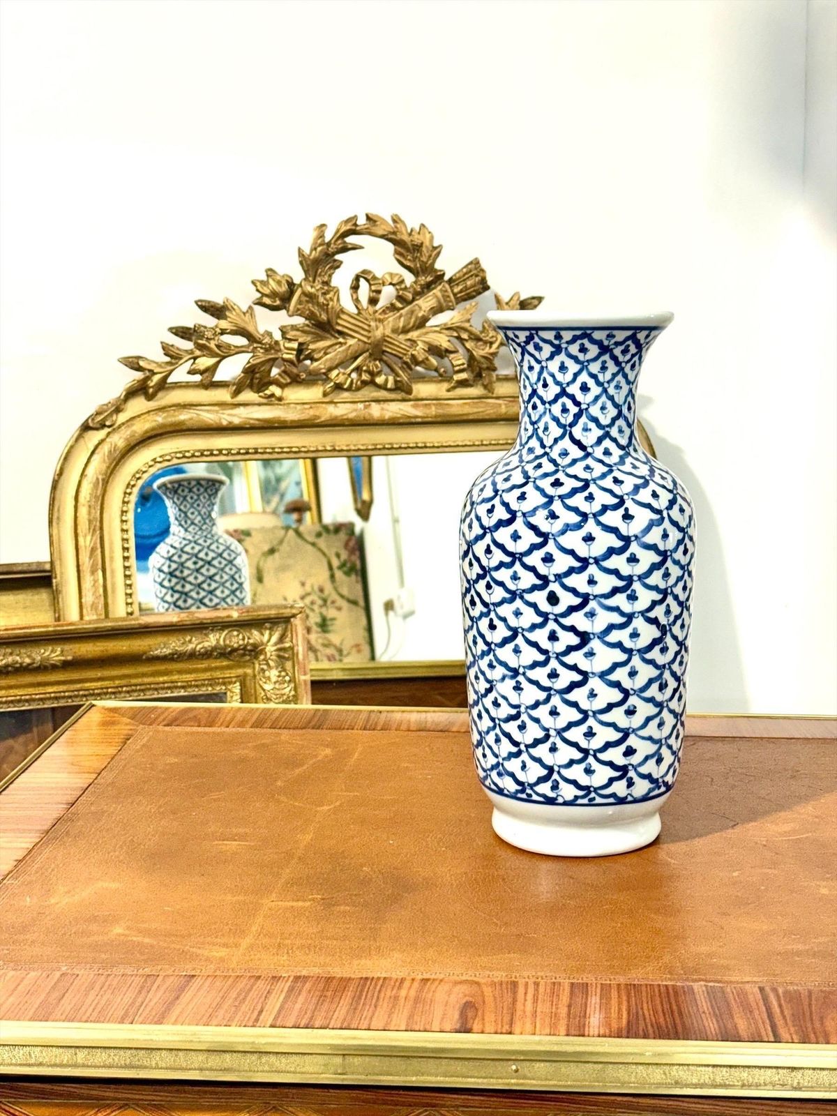 Mid 20th Century Blue And White Porcelain Vase, Floral Lattice Design photo 553.0