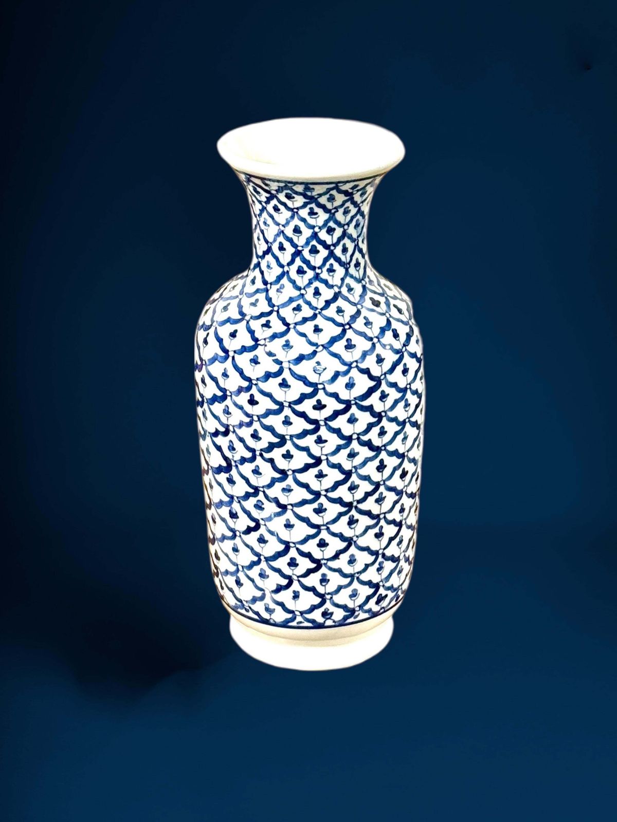 photo for sale Mid 20th Century Blue And White Porcelain Vase, Floral Lattice Design