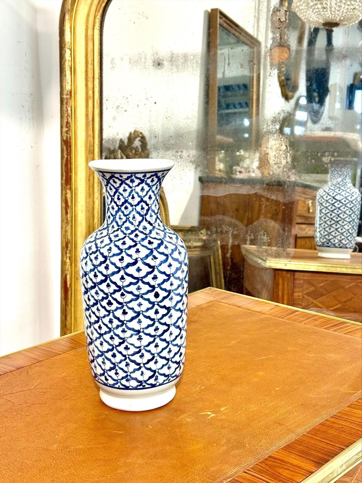 553.0 Mid 20th Century Blue And White Porcelain Vase, Floral Lattice Design photo