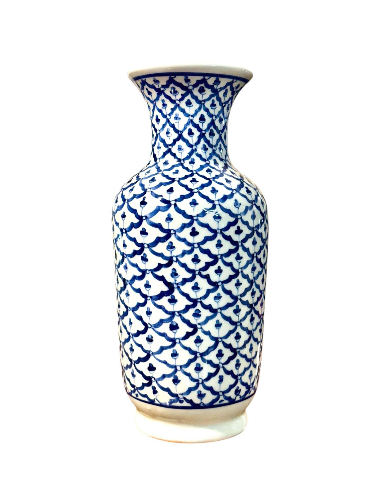 photo buy Mid 20th Century Blue And White Porcelain Vase, Floral Lattice Design
