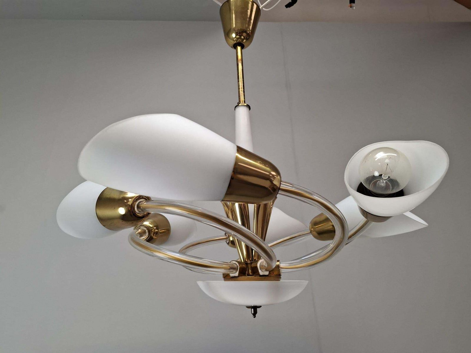 Mid Century Czech Brass And Milk Glass Six Light Chandelier, 1960s photo furniture