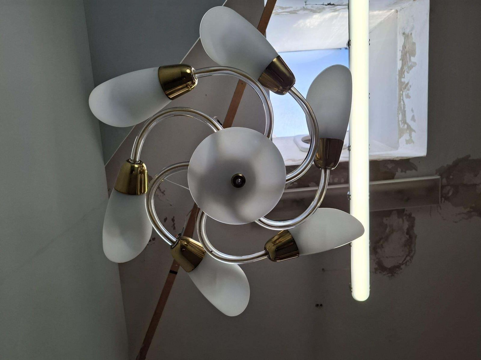 Mid Century Czech Brass And Milk Glass Six Light Chandelier, 1960s photo vintage
