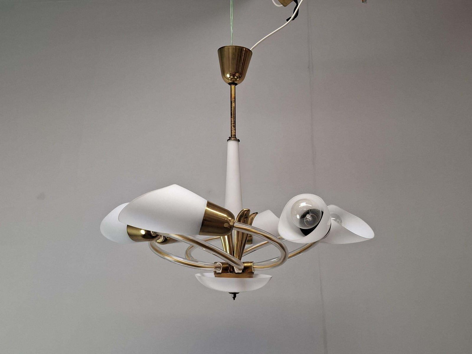 758.0 Mid Century Czech Brass And Milk Glass Six Light Chandelier, 1960s photo
