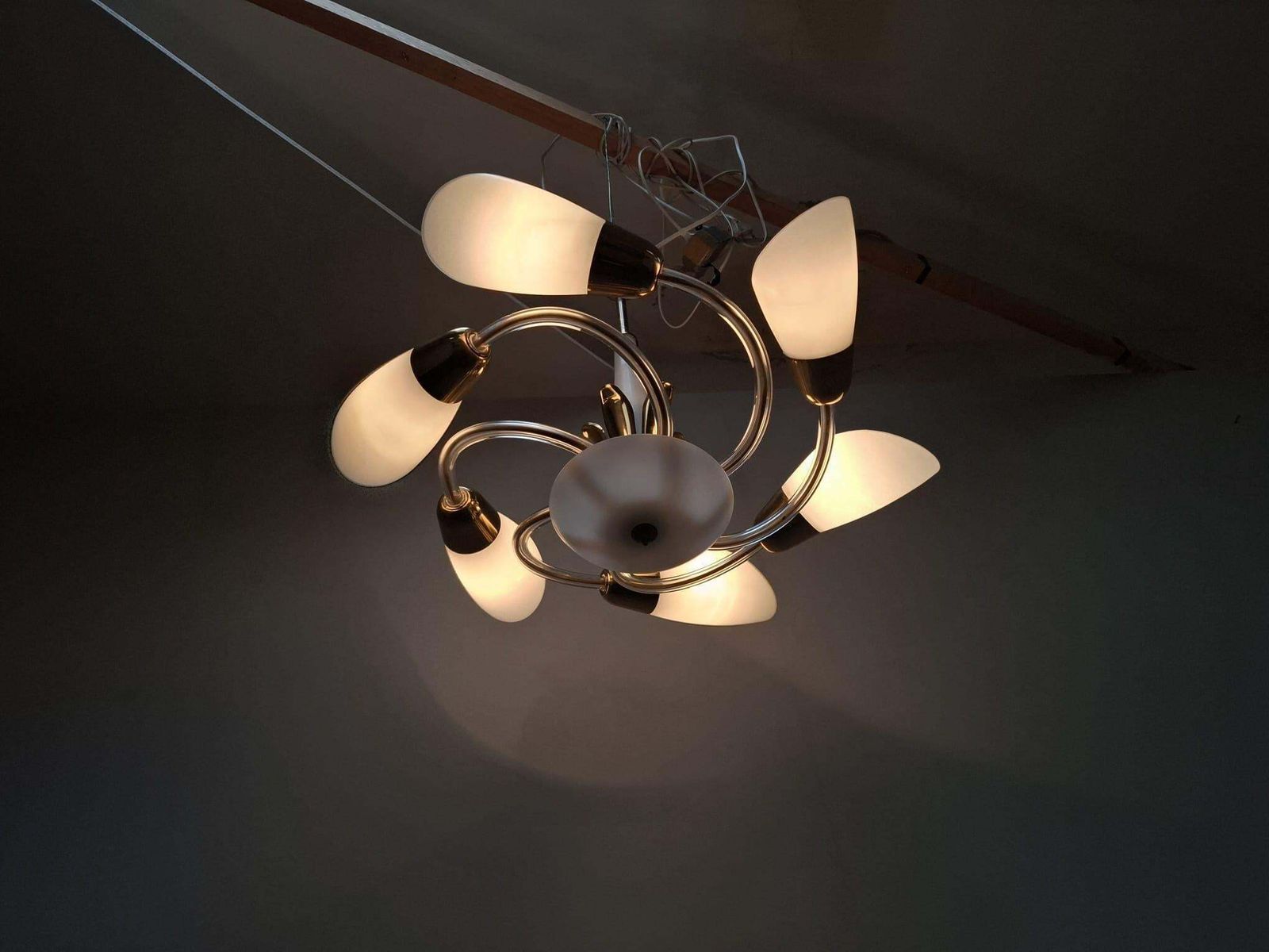 photo vinterior Mid Century Czech Brass And Milk Glass Six Light Chandelier, 1960s