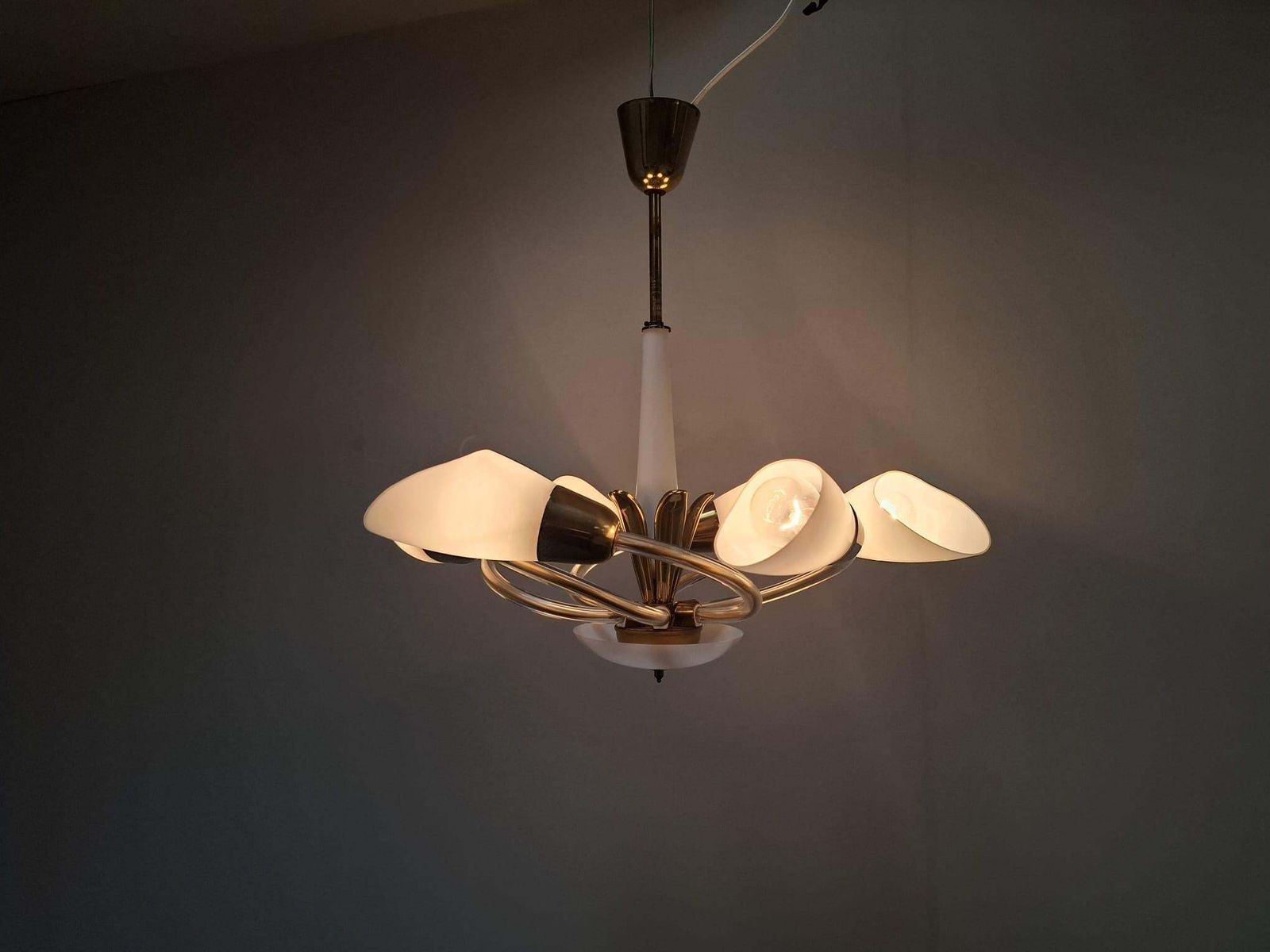 photo vintage Mid Century Czech Brass And Milk Glass Six Light Chandelier, 1960s