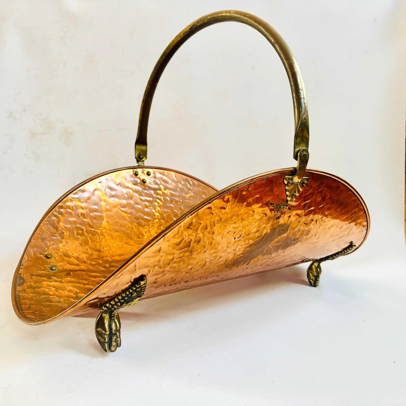Rare Antique Century English Hammered Copper & Brass Log Layer With Hallmark, C.1870