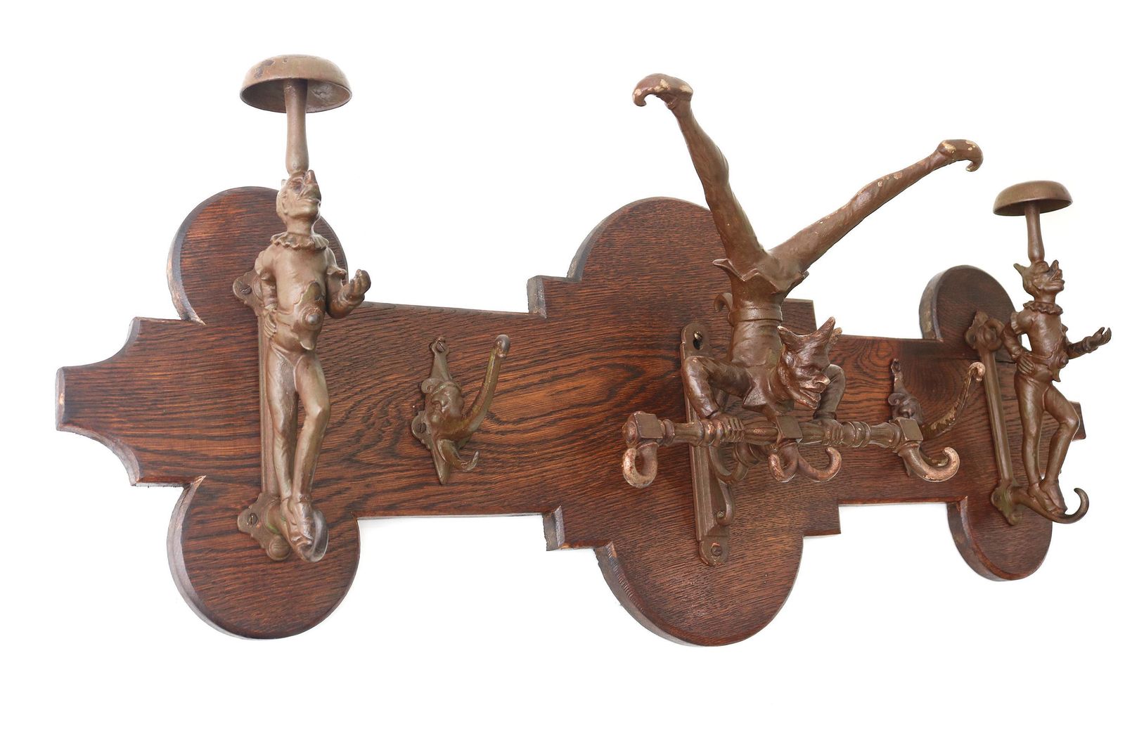 Unique Victorian Oak Wall Coat Rack With Cast Iron Jester & Elephant Hooks – Antique Figural Hall Rack – Decorative Entryway Storage photo for sale