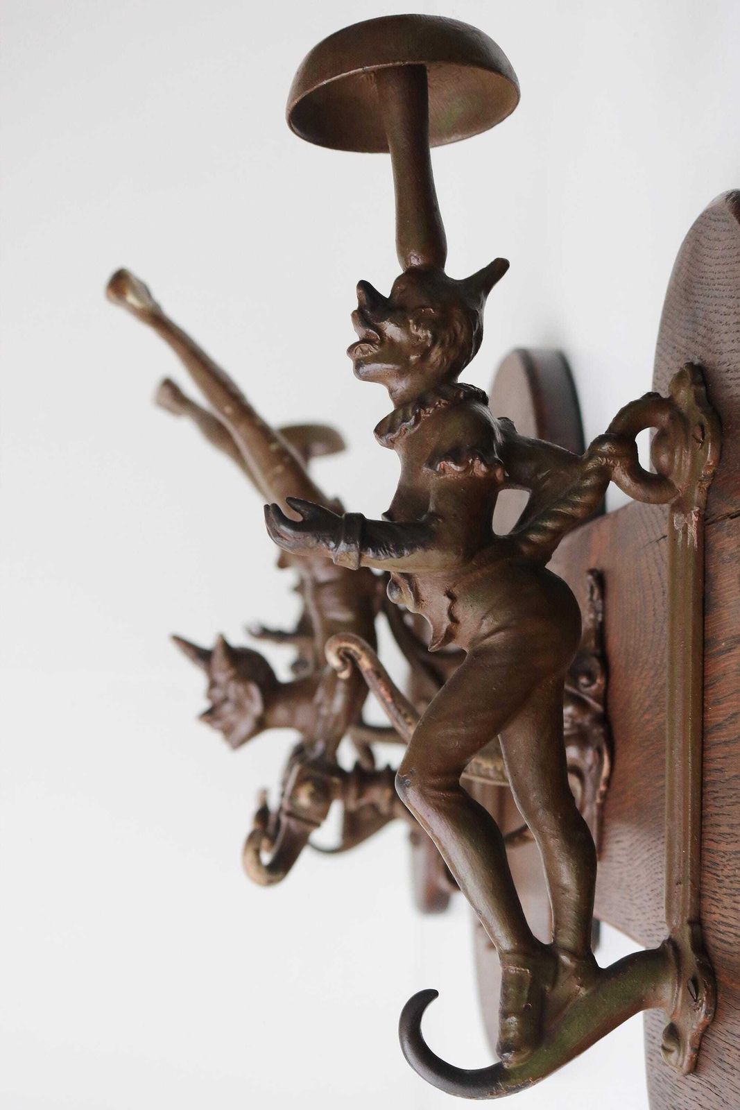 photo for sale Unique Victorian Oak Wall Coat Rack With Cast Iron Jester & Elephant Hooks – Antique Figural Hall Rack – Decorative Entryway Storage