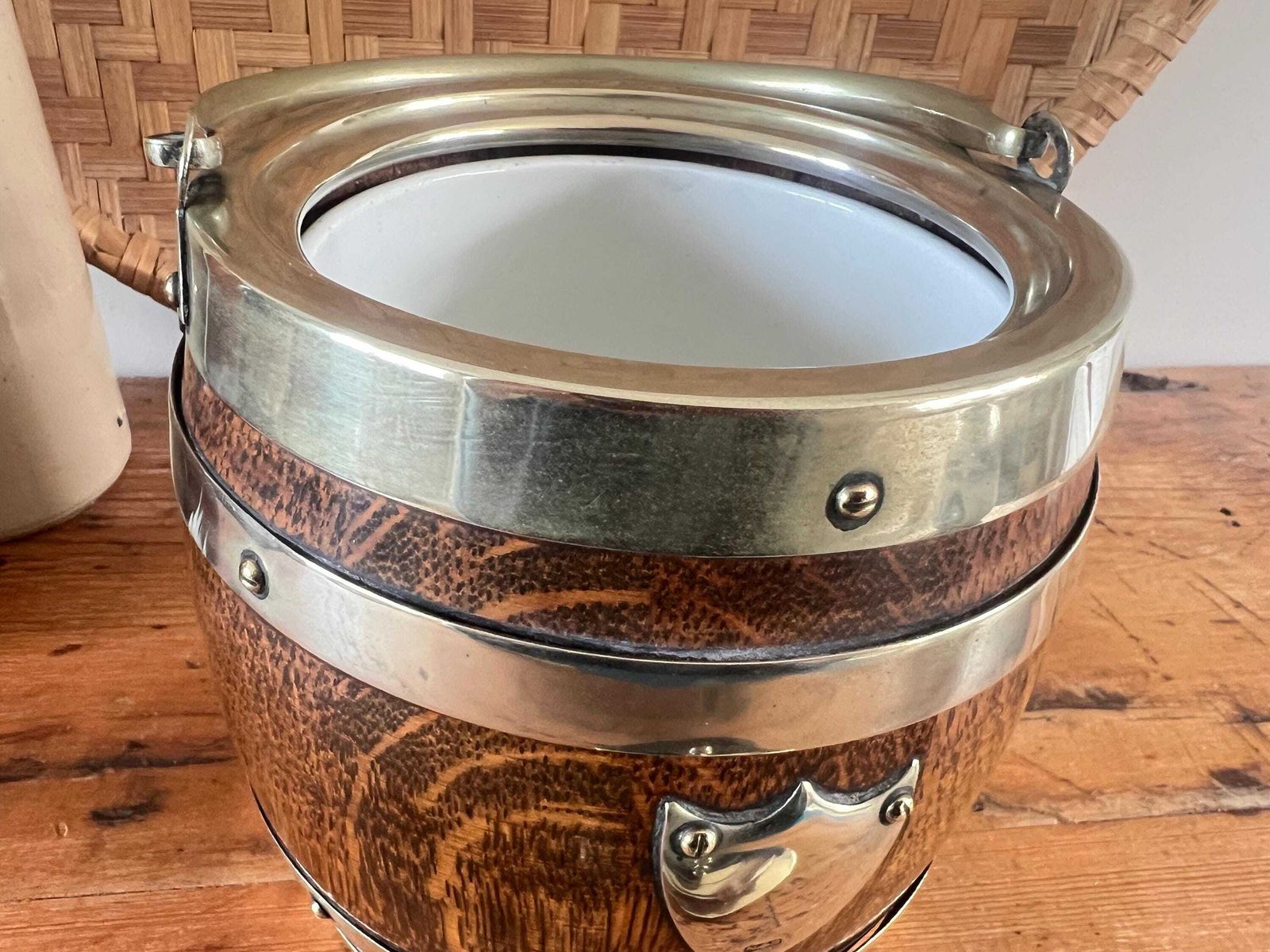 photo for sale Vintage Oak Silver Plate Biscuit Barrel With Shield | Antique Wooden Ice Bucket | Rustic English Country Farmhouse Decor