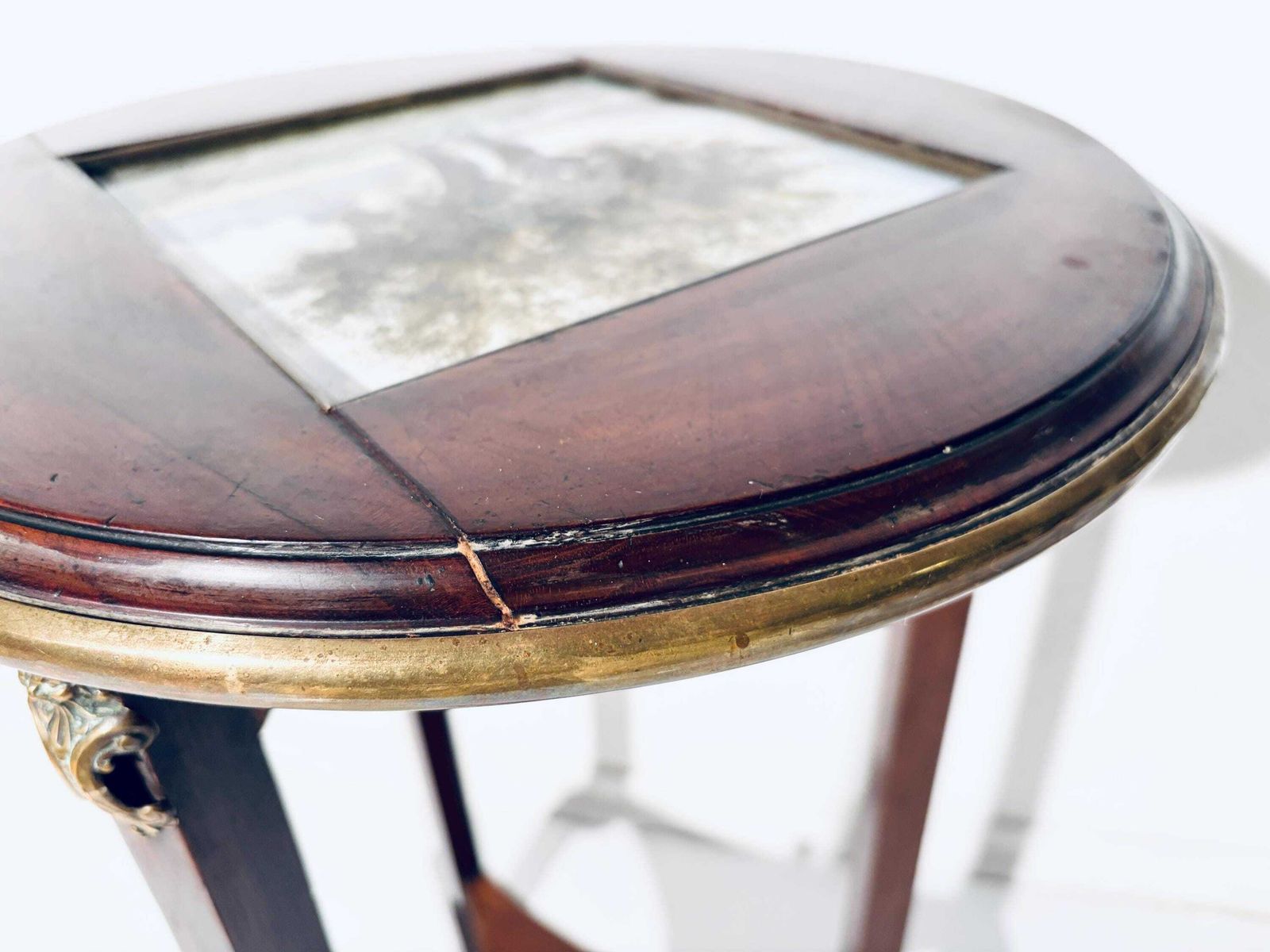 photo vintage Antique Round Louis XVI Wooden Flower Table Jardiniere With Ceramic Tile Tree Motif / 1890s France