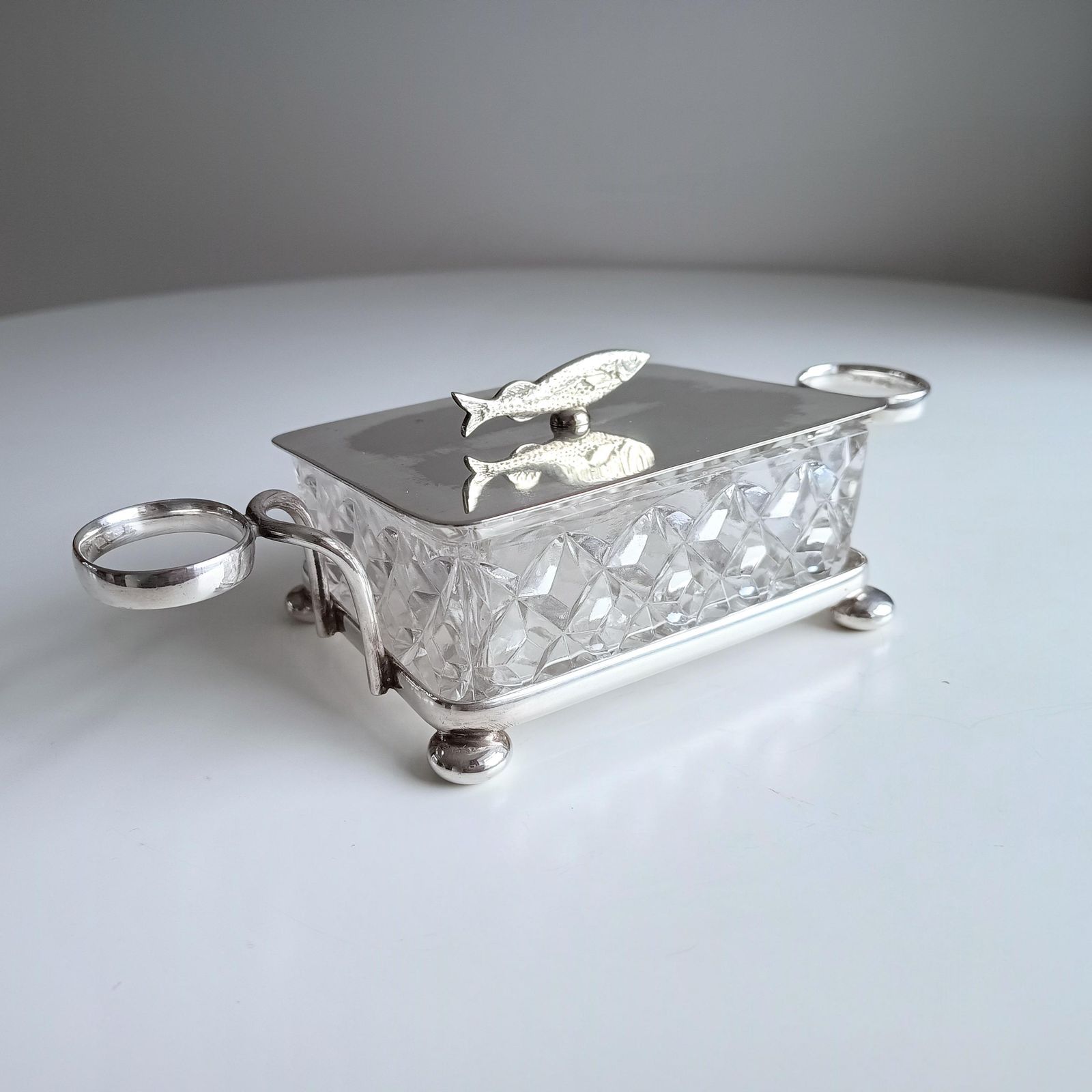 Antique English Novelty Silver Plated Cut Glass Sardine Serving Dish: Zoomorphic Finial, 1890