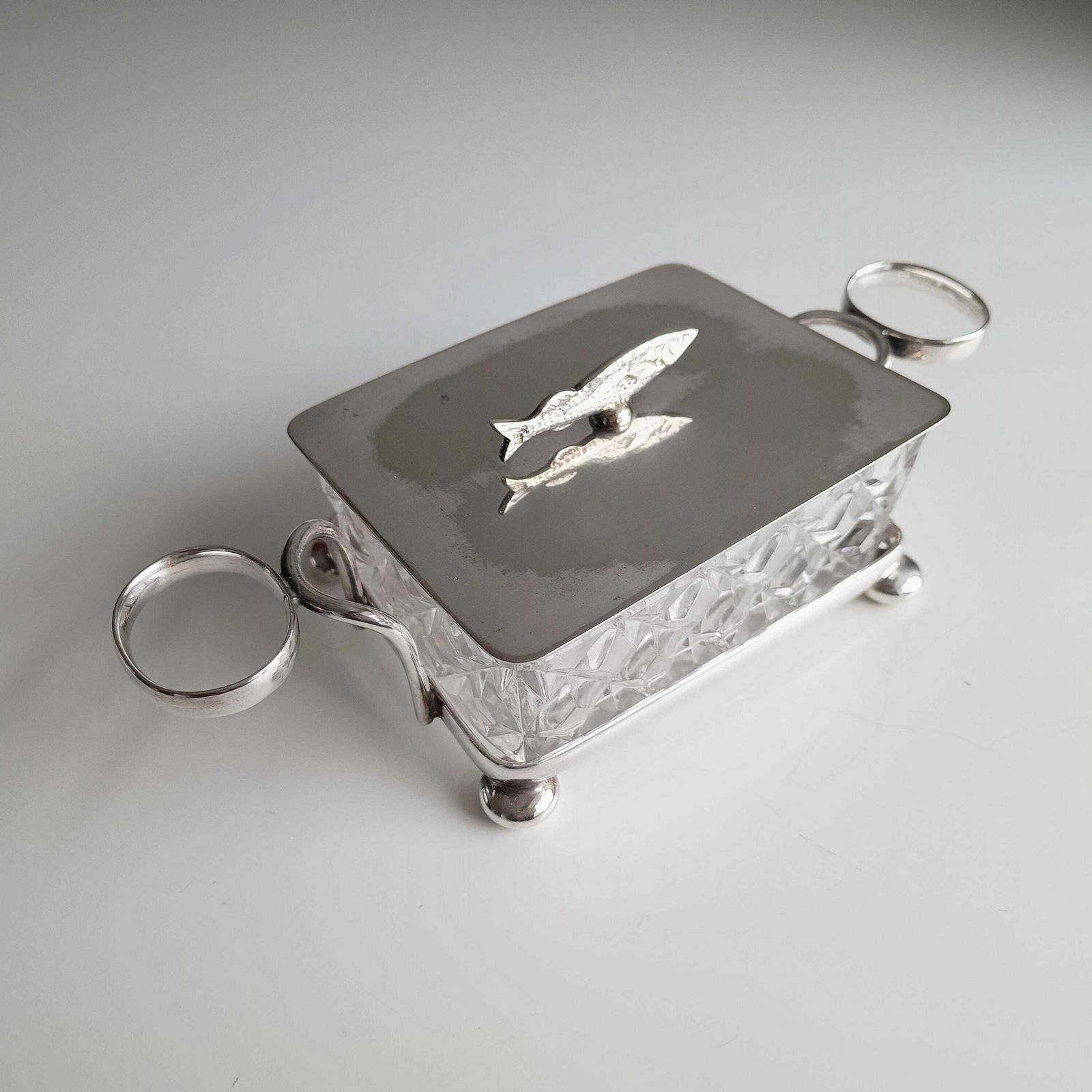 Antique English Novelty Silver Plated Cut Glass Sardine Serving Dish: Zoomorphic Finial, 1890 photo Home Decor