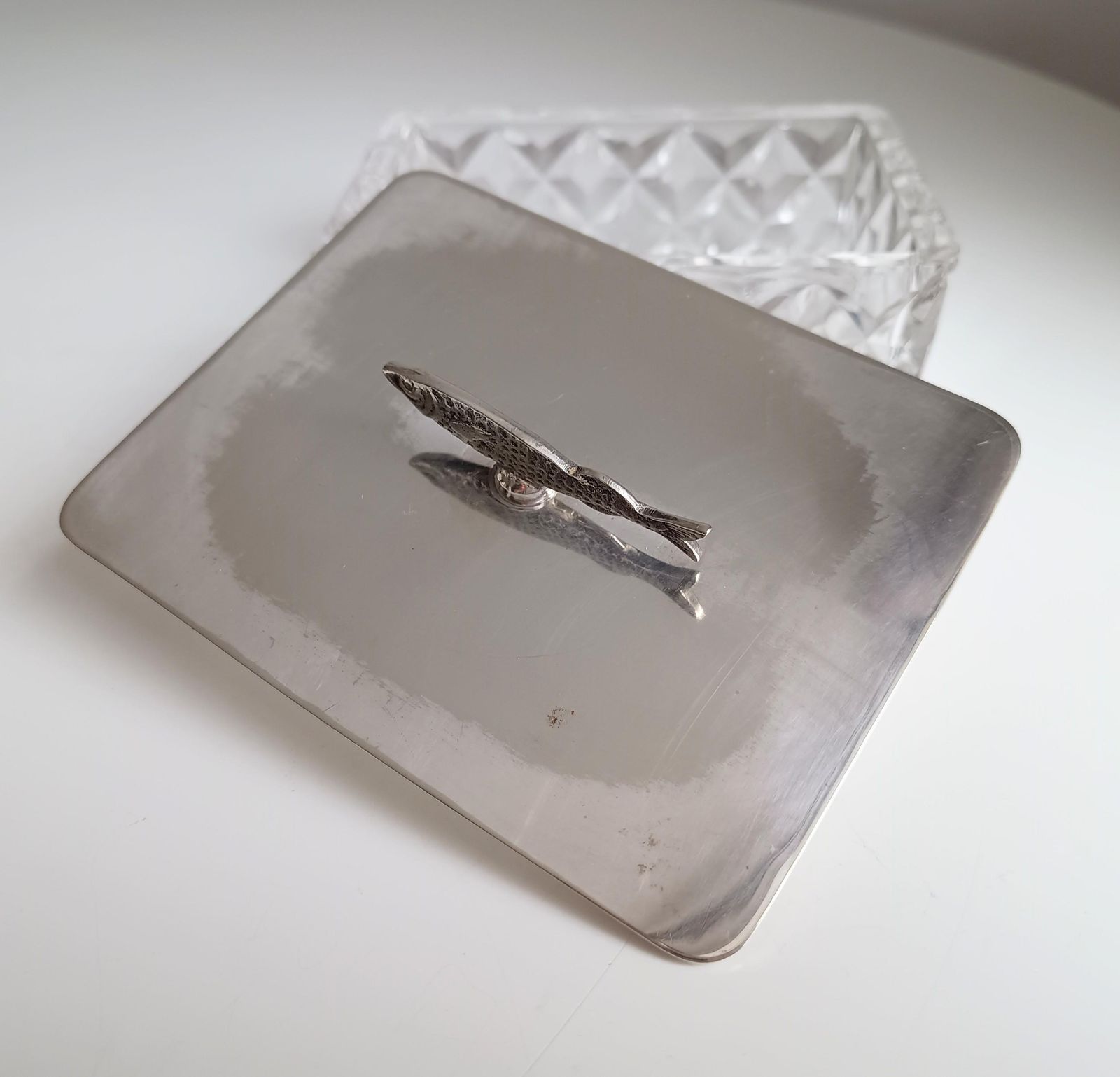 Antique English Novelty Silver Plated Cut Glass Sardine Serving Dish: Zoomorphic Finial, 1890 photo buy