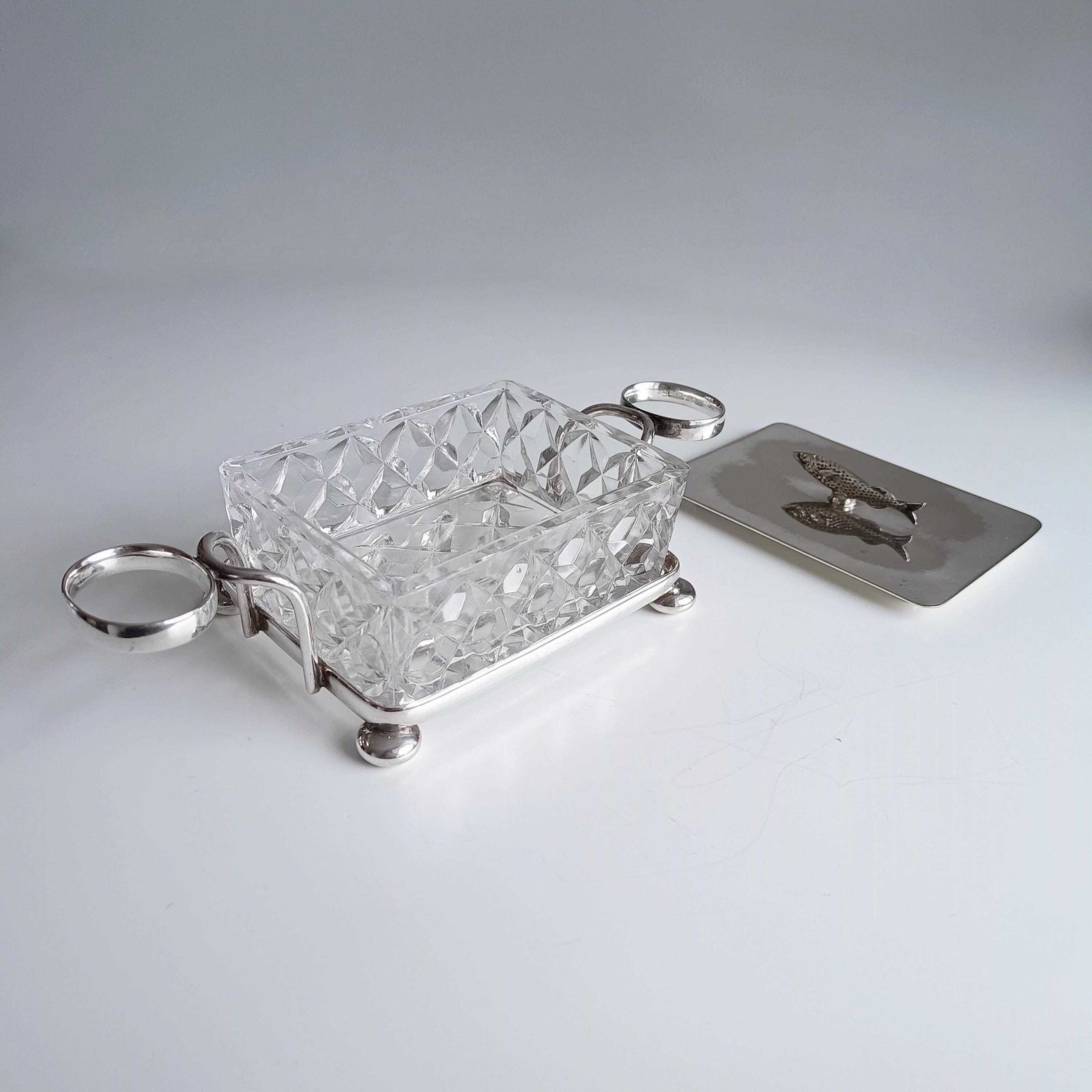 photo buy Antique English Novelty Silver Plated Cut Glass Sardine Serving Dish: Zoomorphic Finial, 1890