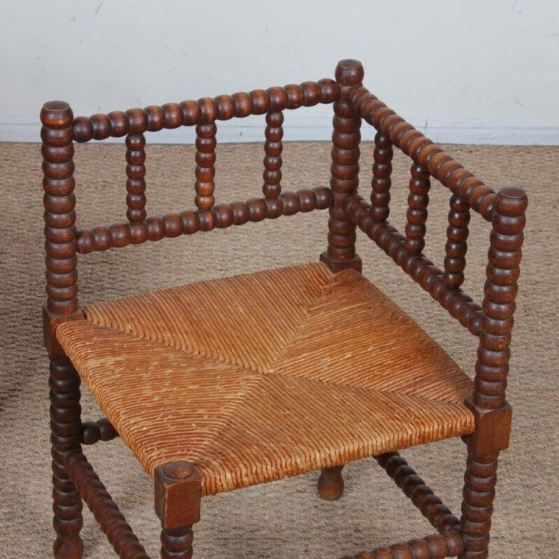 Pair Of Small Straw Seated Corner Chairs In Turned Wood, 1940 photo furniture