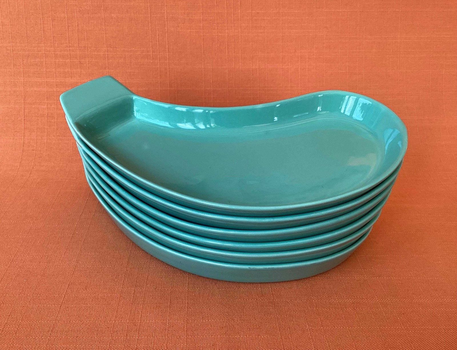 Set Of 6 Vintage Tg Green Kidney Shaped Plates, 1960s 70s Green Serving Dishes