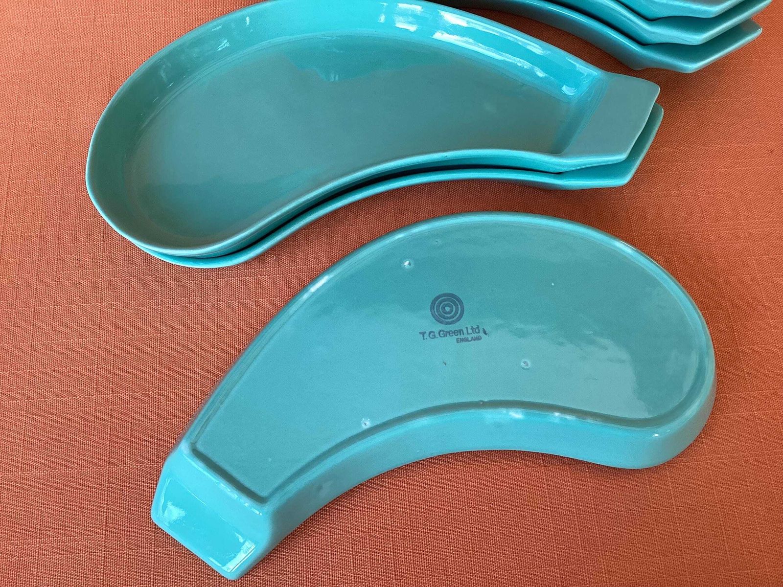 Set Of 6 Vintage Tg Green Kidney Shaped Plates, 1960s 70s Green Serving Dishes photo vintage