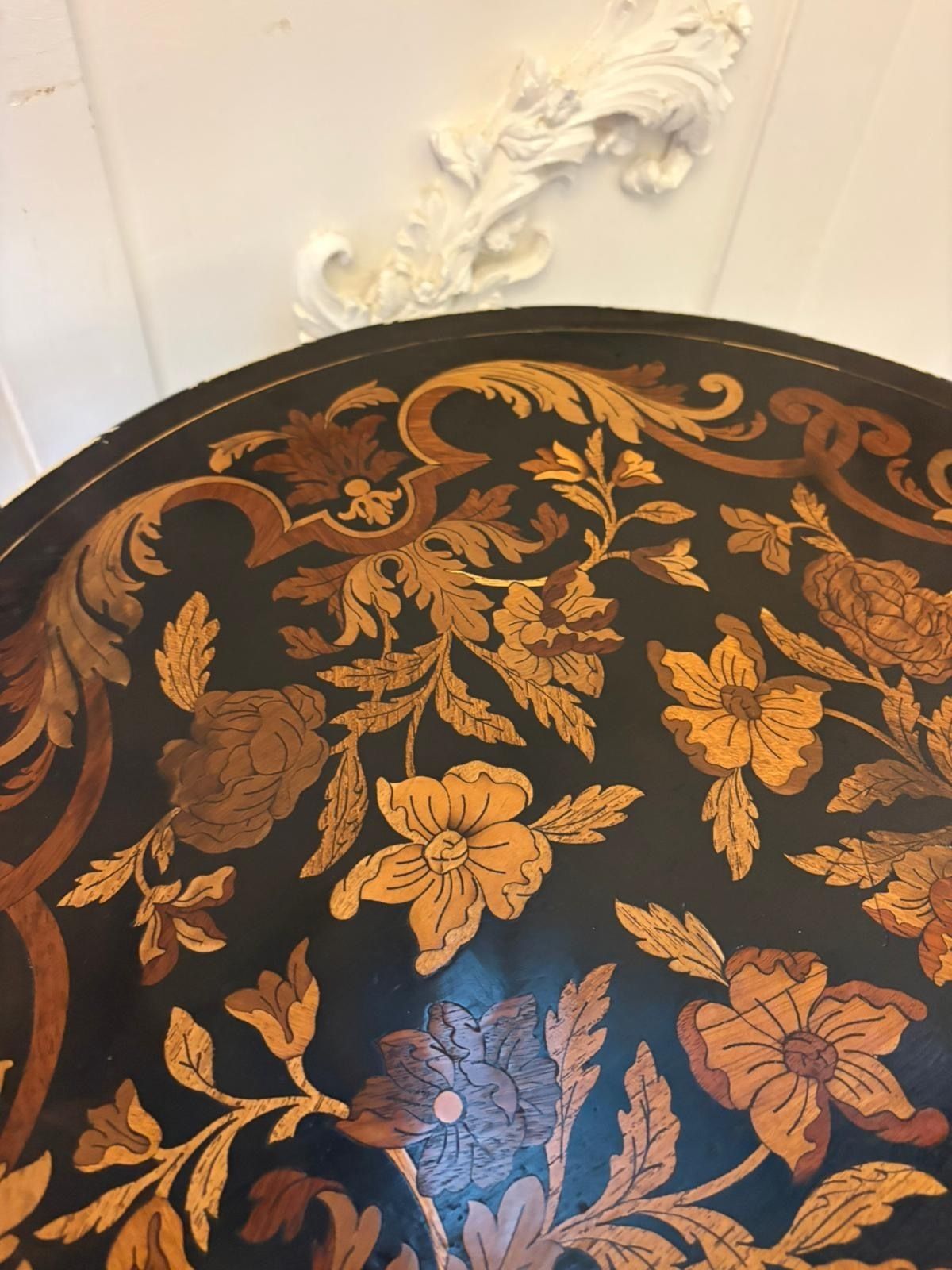 Quality Antique Italian Ebonised And Marquetry Inlaid Pedestal Occasional Centre Table photo for sale