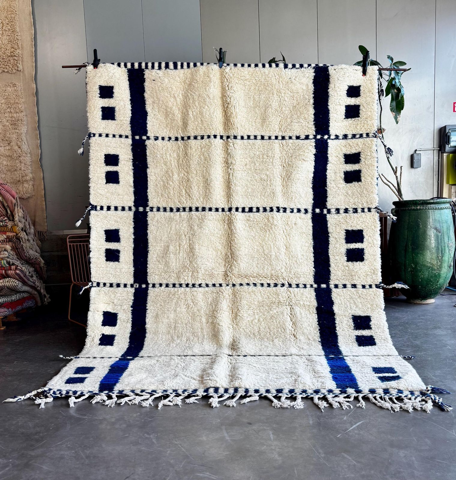 Handmade Moroccan Mrirt Wool Rug 210x310 Cm– White Minimal Geometric Design – Luxury Berber Area Rug – Modern Boho Home Decor