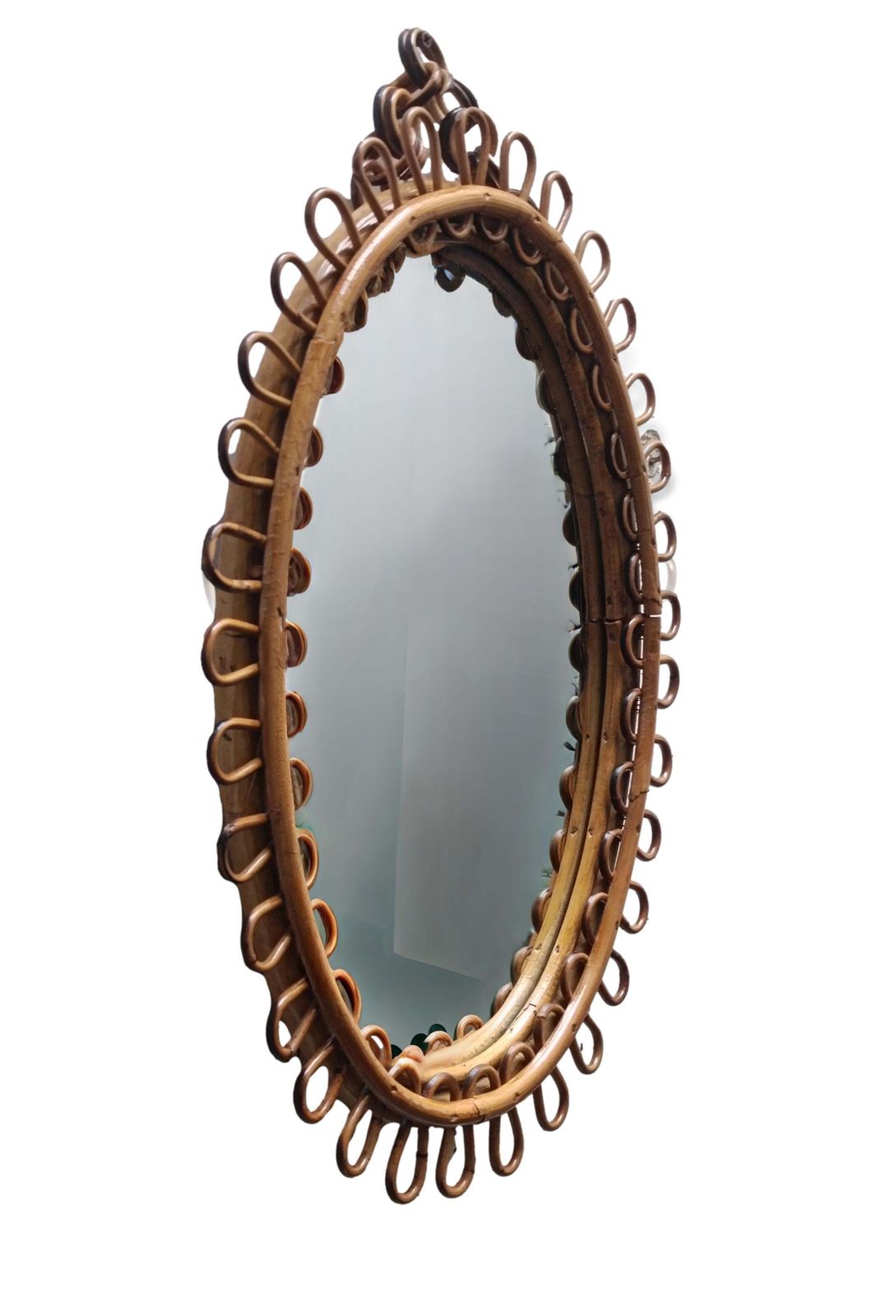Olaf Von Bohr Style Oval Wall Mirror In Rattan, Italy 1960s. photo furniture