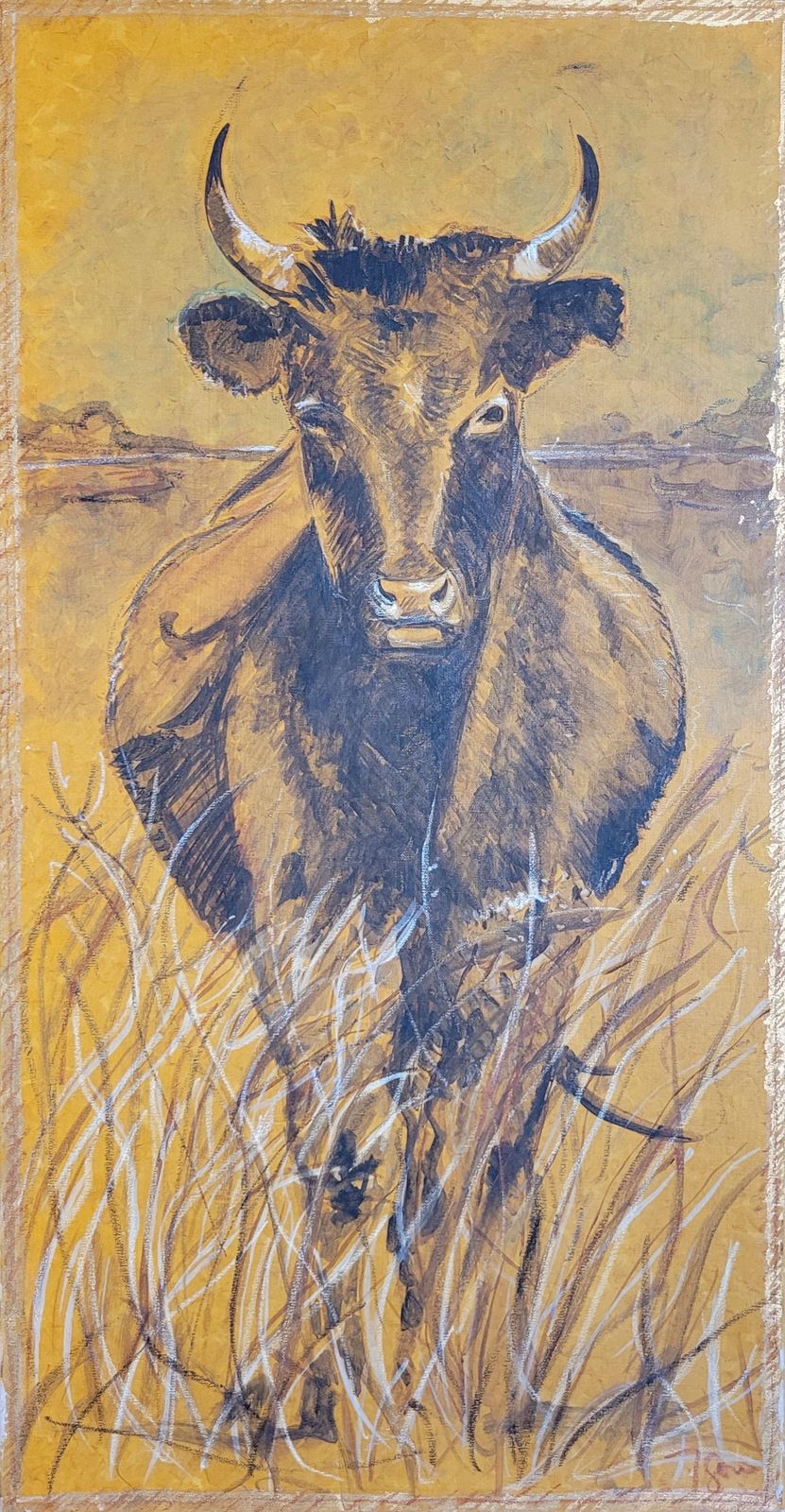 Bull Grazing, Late 20th Century Acrylic On Canvas, Signed, 100x50 Cm 1970s.