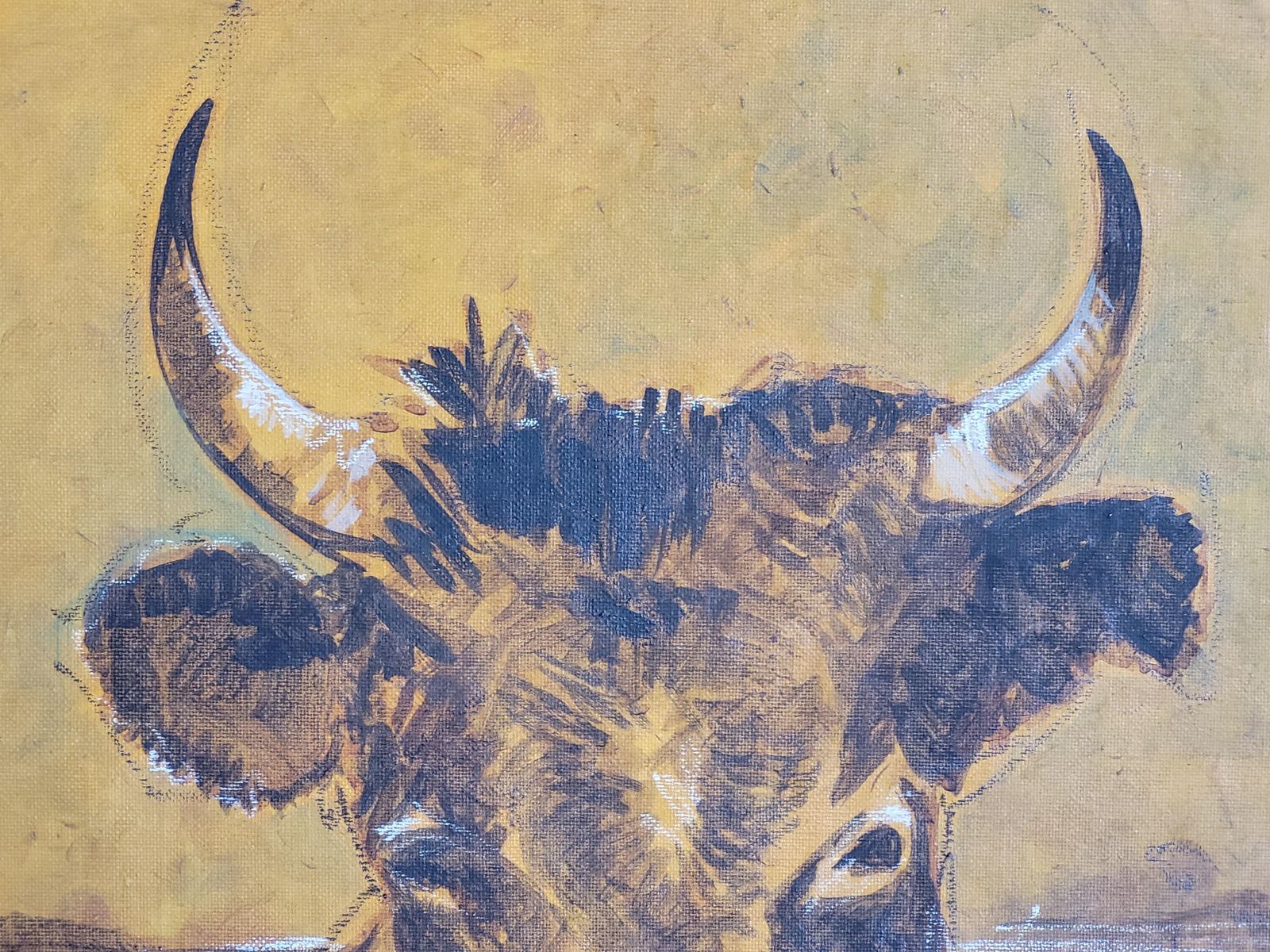 Bull Grazing, Late 20th Century Acrylic On Canvas, Signed, 100x50 Cm 1970s. photo Art