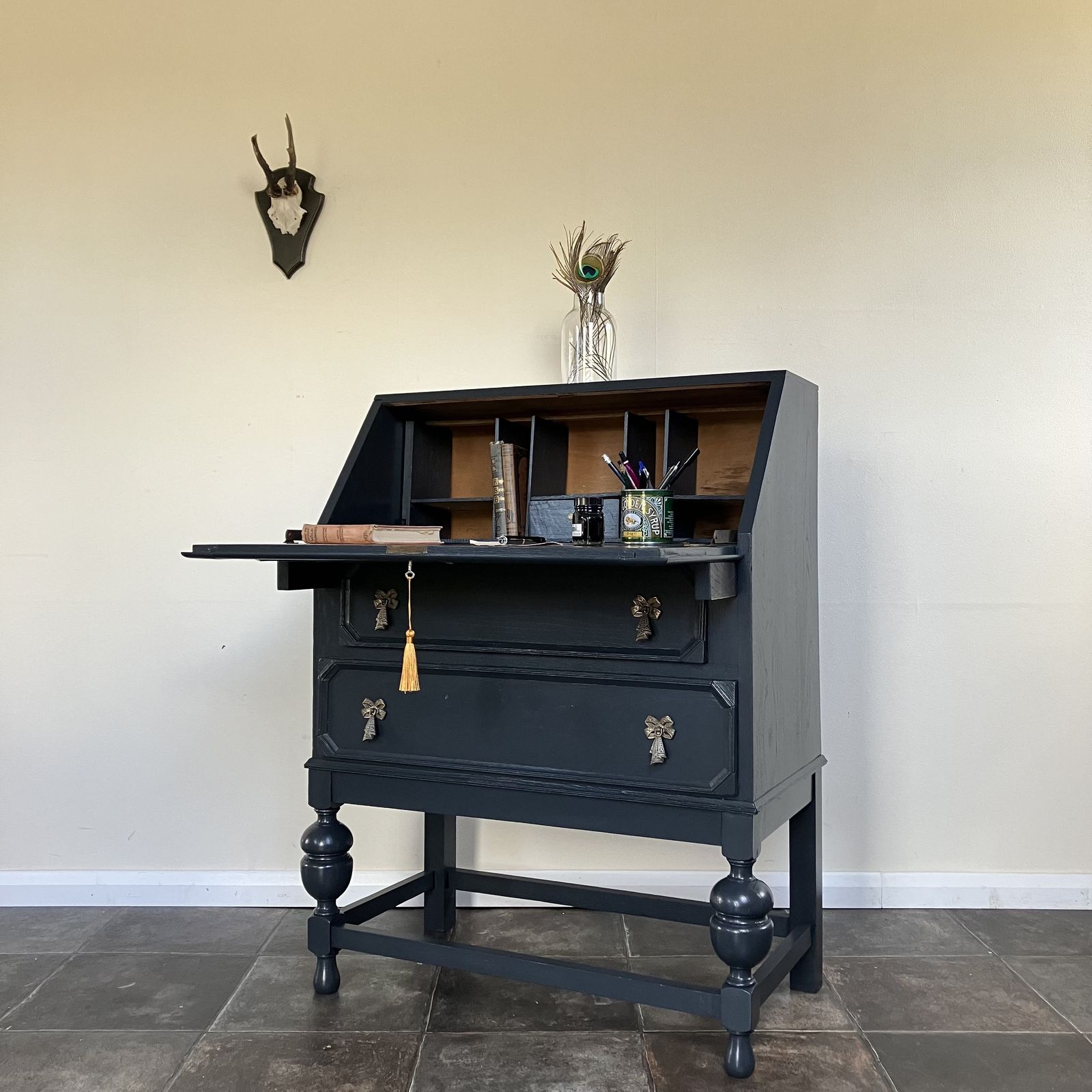 Antique Painted Blueish Black Carved Writing Bureau / Writing Desk / Secretaire; Farrow And Ball Railings photo buy