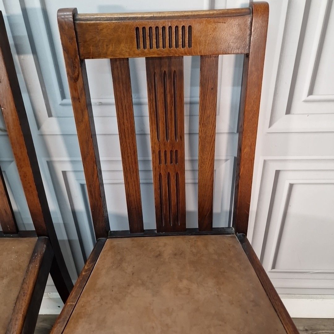 Furniture Vintage Oak Dining Chairs Set 4 Solid Wooden Slat Back Faux Leather Seats photo