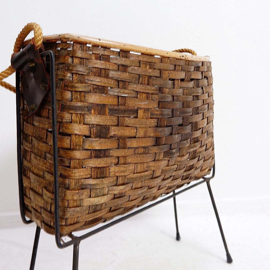 Vintage Wicker And Metal Magazine Holder   1960s photo furniture