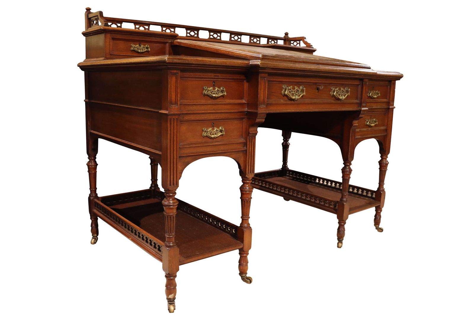 Edwardian Walnut Dickens Style Writing Desk With Leather Inset Top & Gallery Back, C.1900 photo furniture