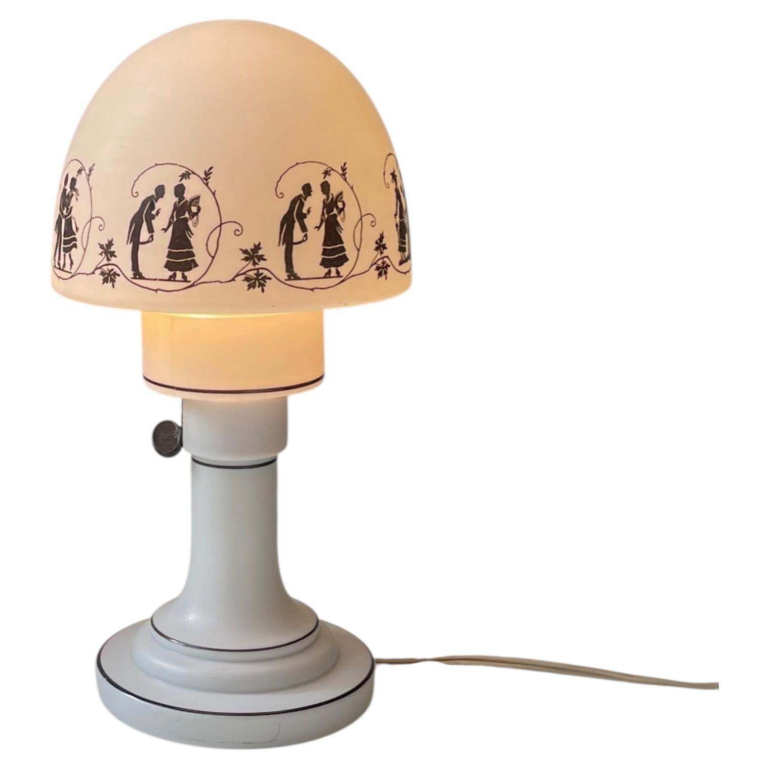Parisian Art Deco Milk Glass Table Lamp W. Romantic Silhuets, 1920s