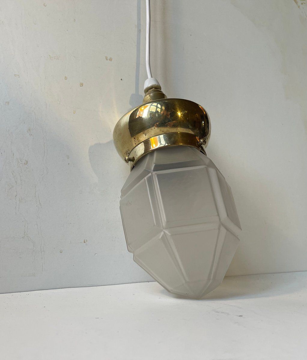 Art Deco Scandinavian Pendant Lamp In Brass And Frosted Glass, 1930s photo 411.0
