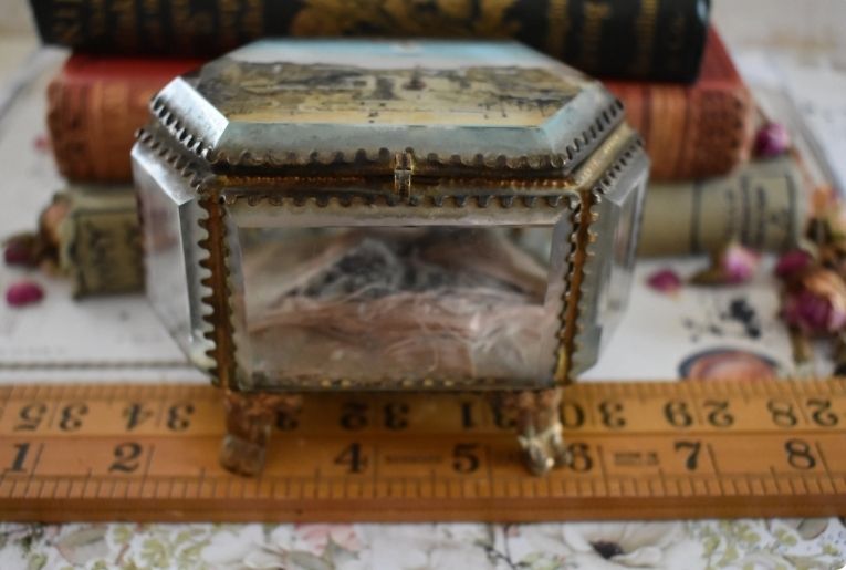 Antique French Ormolu Glass Jewellery Casket With Le Havre Scene photo vintage