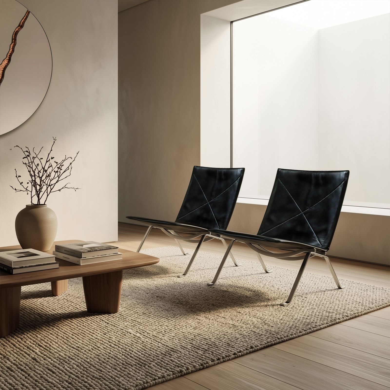 photo vinterior Pair Of Black Leather And Polished Steel Danish Mid Century Poul Kjaerholm Pk22 Lounge Chairs For E. Kold Christensen 1960s.