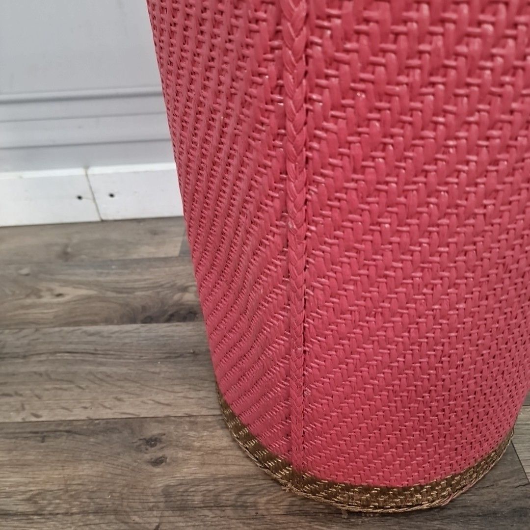 Vintage Wicker Laundry Basket Pink Woven Linen Hamper Mid Century Retro photo vintage