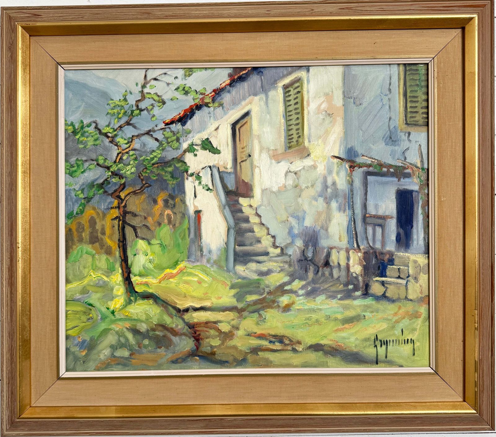 Zonnig Italiaans Binnenplein, Jaren 1950. Groot Vintage Olieverfschilderij Van Evert Grynning